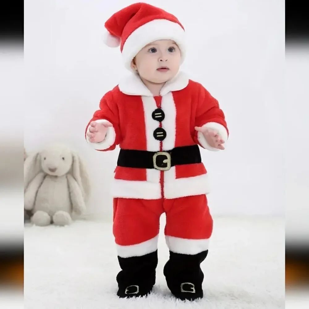 One PieceToddler Santa Claus Outfit Snowsuit Costume (Includes Hat) Sz 6-9 Mo